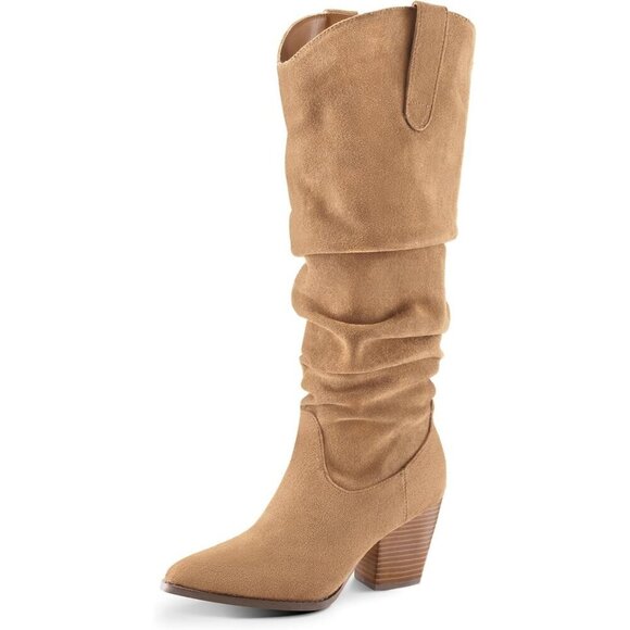Shoes - Women's Tan mysoft Cowboy Knee-High Boots Pointed Toe Mid Heel Pull On Slouchy